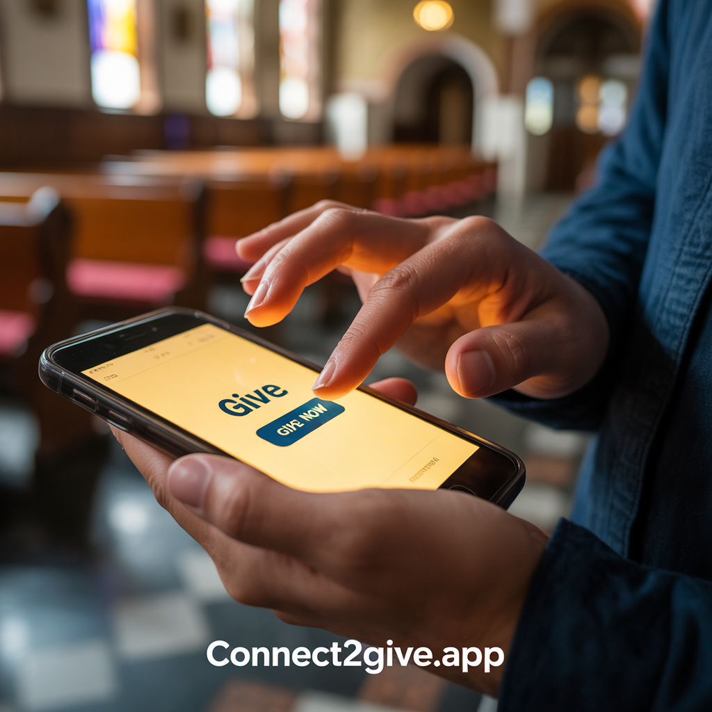Person using Connect2Give mobile app to make a donation in a church setting